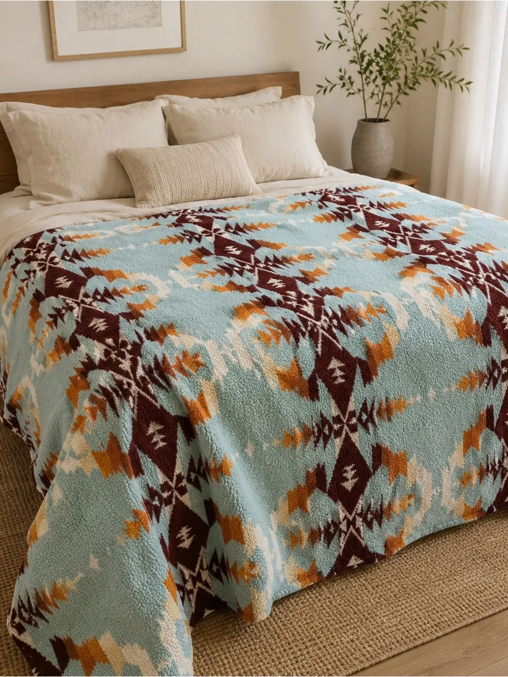 Pendleton Southwestern Sherpa Throw in Light Blue, Brown and Tan